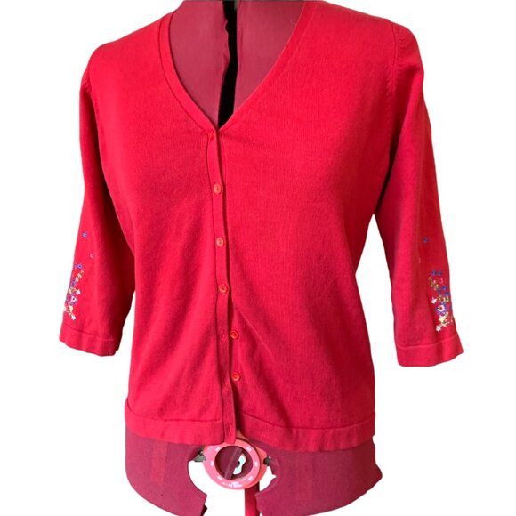 JACOB - RED Cardigan buttons down crew neck - Colored flowers embroidery large - Picture 1 of 11